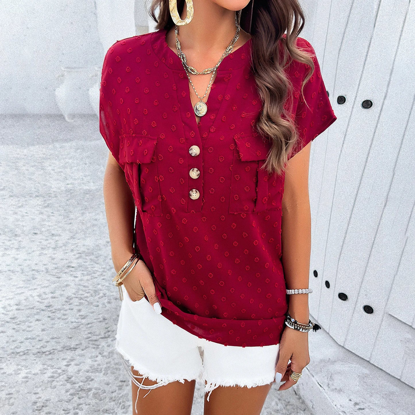 Women’s Solid Color Jacquard V-Neck Blouse