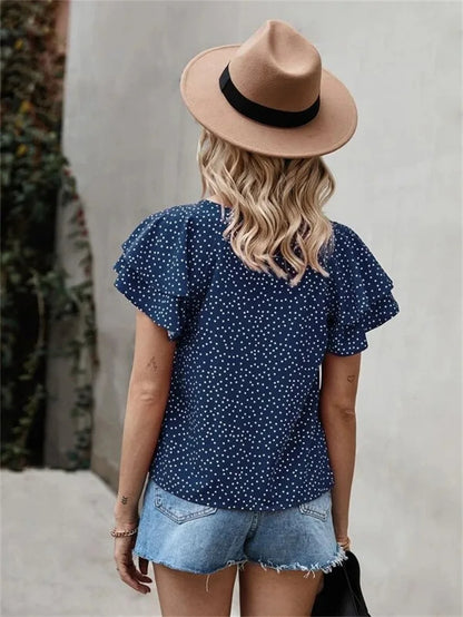 Women’s Digital Print Polka Dot Ruffle Sleeve T-Shirt