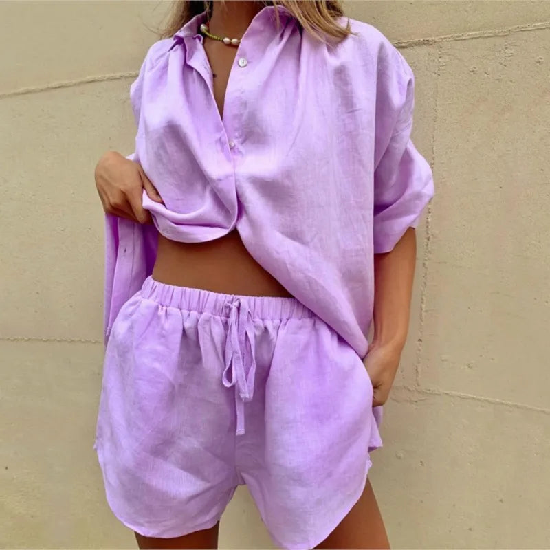 Women’s Short Sleeve Casual Cotton Two-Piece Set