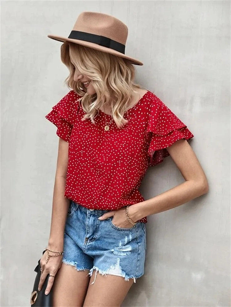 Women’s Digital Print Polka Dot Ruffle Sleeve T-Shirt