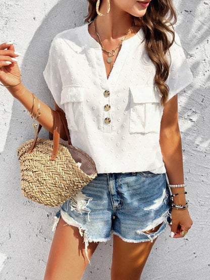 Women’s Solid Color Jacquard V-Neck Blouse