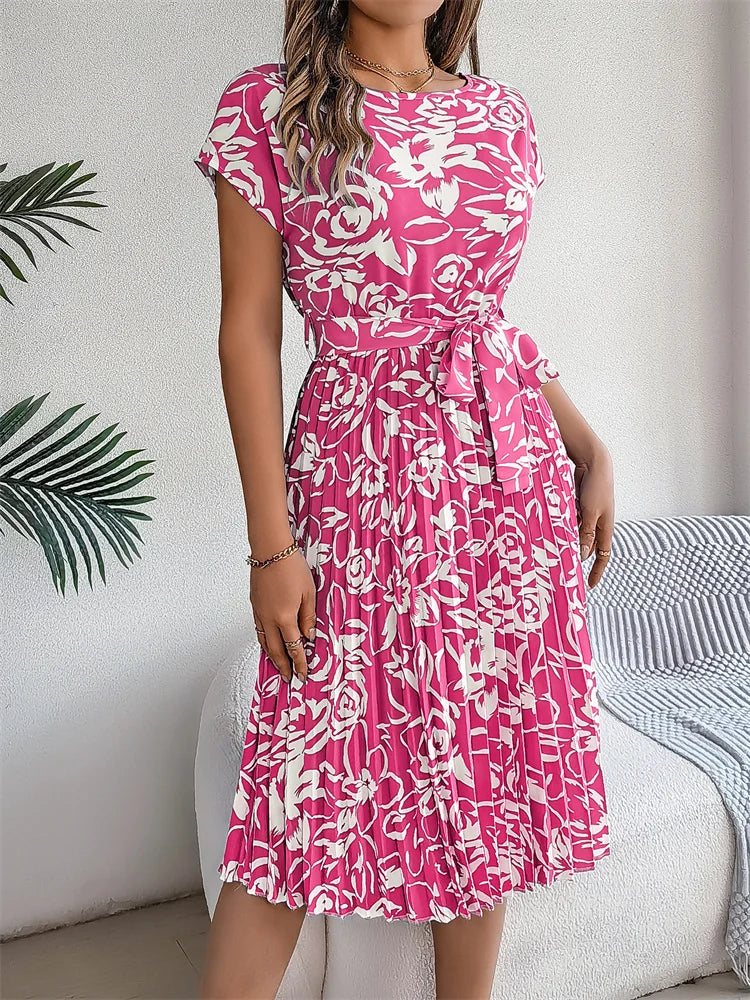 Floral Pleated A-Line Long Dress