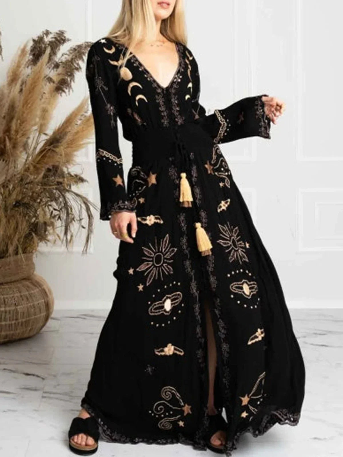 Floral Print V-Neck Tassel Maxi Dress