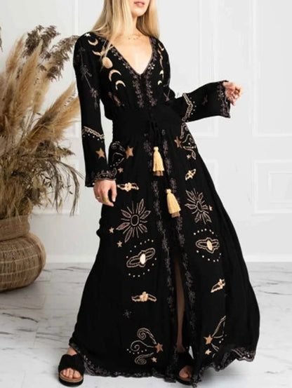Floral Print V-Neck Tassel Maxi Dress