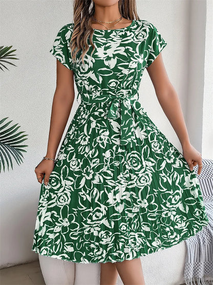 Floral Pleated A-Line Long Dress