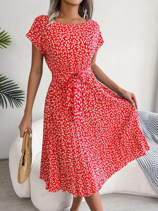 Floral Pleated A-Line Long Dress