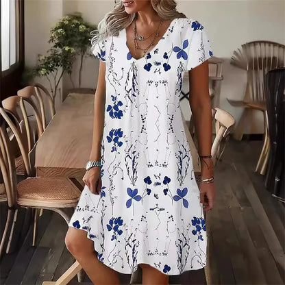 Floral Print V-Neck A-Line Dress