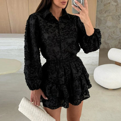 Long-Sleeve Lace Ruffle Button Shirt