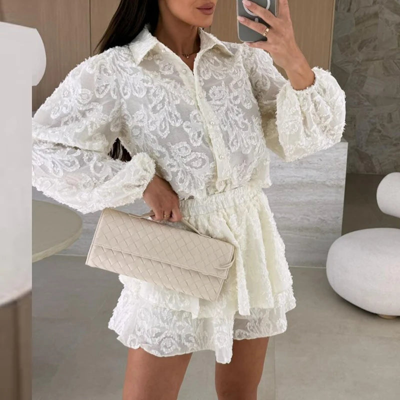 Long-Sleeve Lace Ruffle Button Shirt