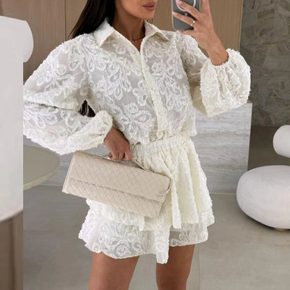 Long-Sleeve Lace Ruffle Button Shirt