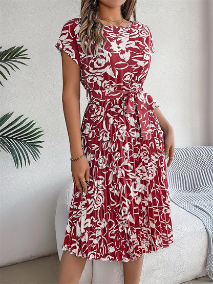 Floral Pleated A-Line Long Dress