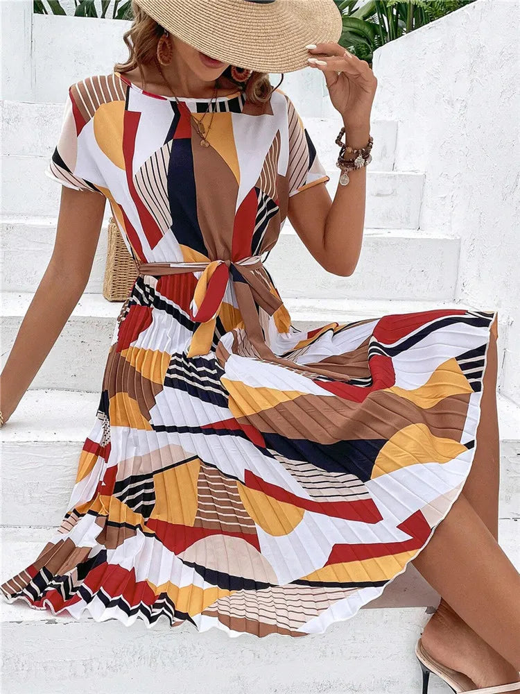 Floral Pleated A-Line Long Dress