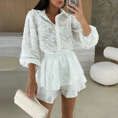 Long-Sleeve Lace Ruffle Button Shirt