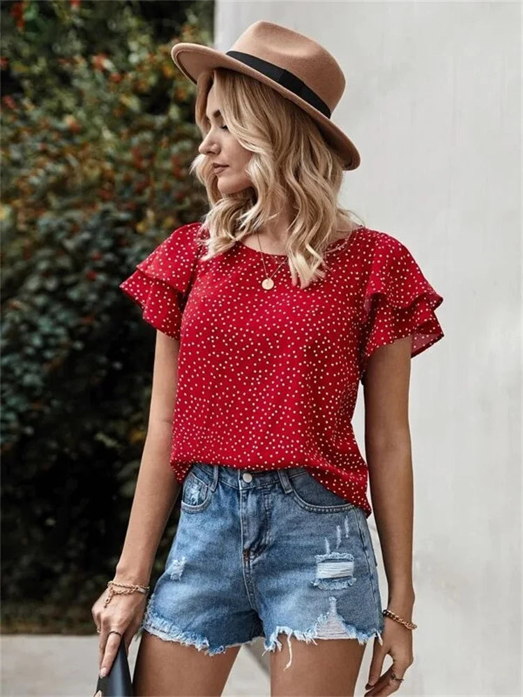 Women’s Digital Print Polka Dot Ruffle Sleeve T-Shirt