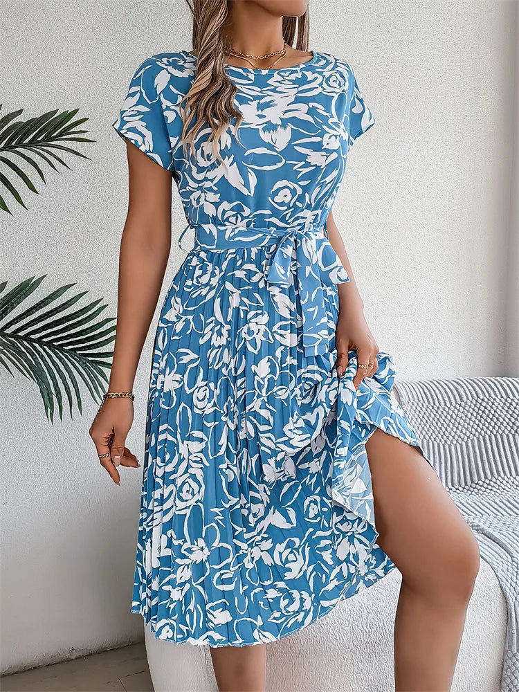 Floral Pleated A-Line Long Dress