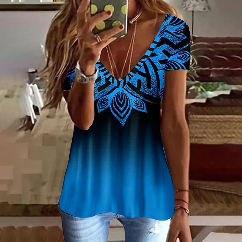 Women’s Striped Gradient V-Neck T-Shirt