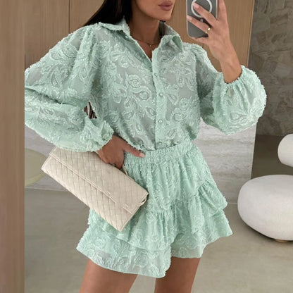 Long-Sleeve Lace Ruffle Button Shirt