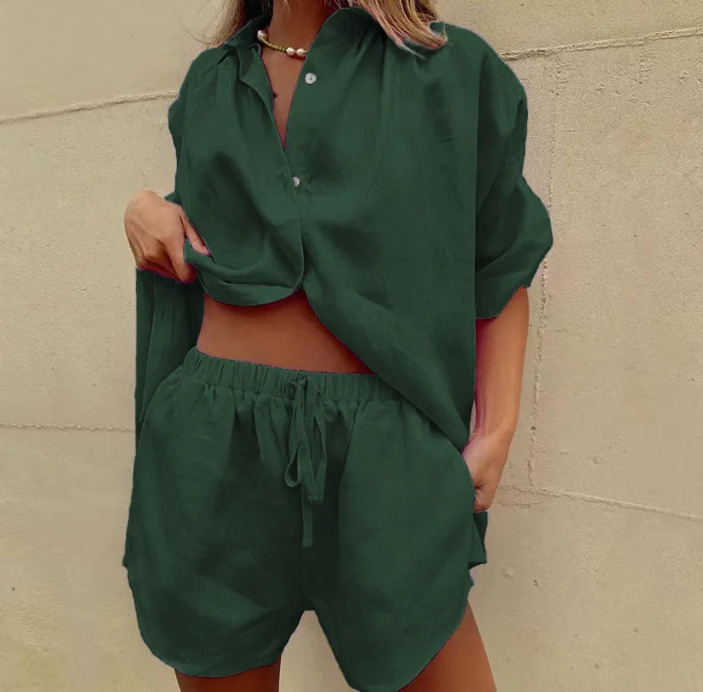 Women’s Short Sleeve Casual Cotton Two-Piece Set