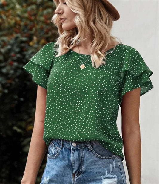 Women’s Digital Print Polka Dot Ruffle Sleeve T-Shirt