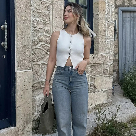 Women's White Knit Crop Tank Top