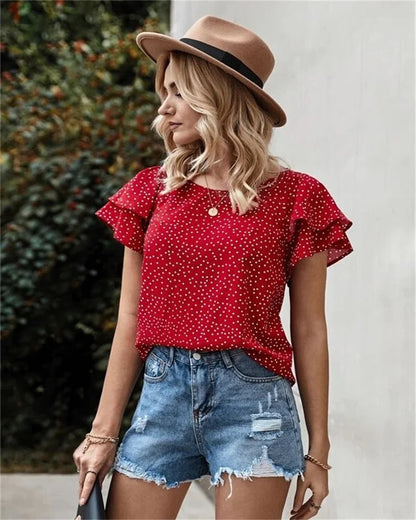Women’s Digital Print Polka Dot Ruffle Sleeve T-Shirt