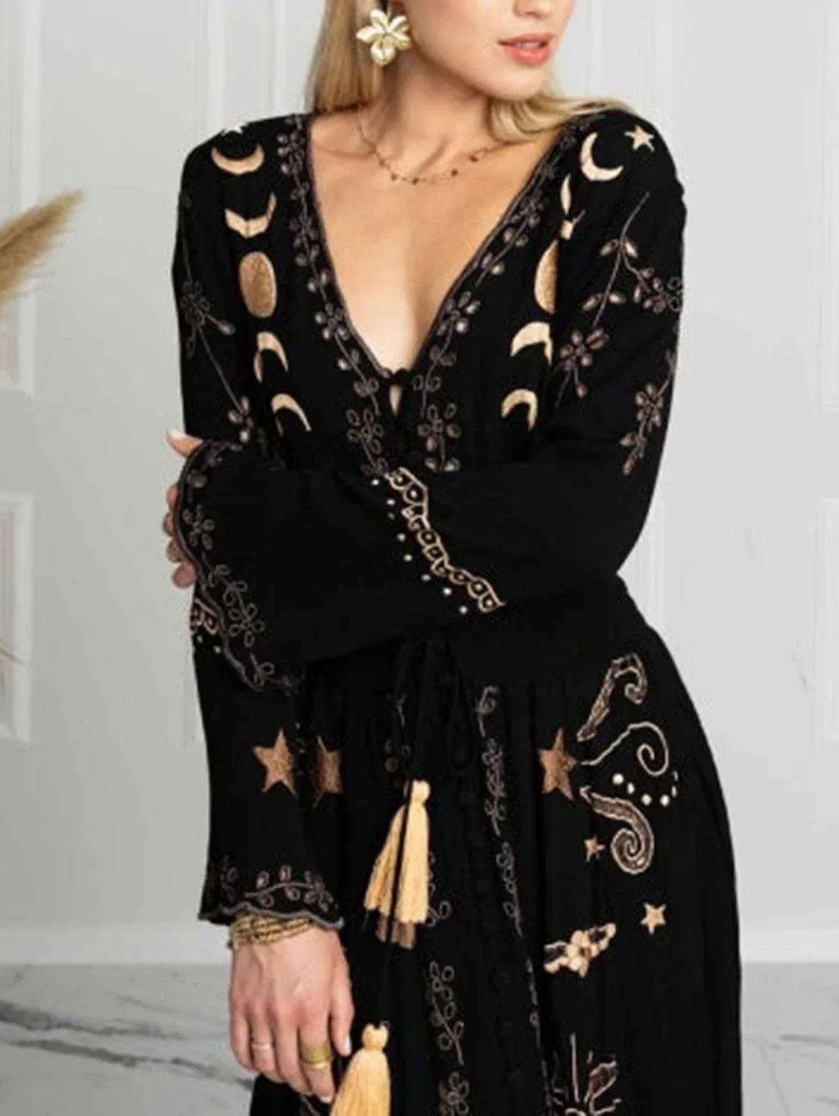 Floral Print V-Neck Tassel Maxi Dress