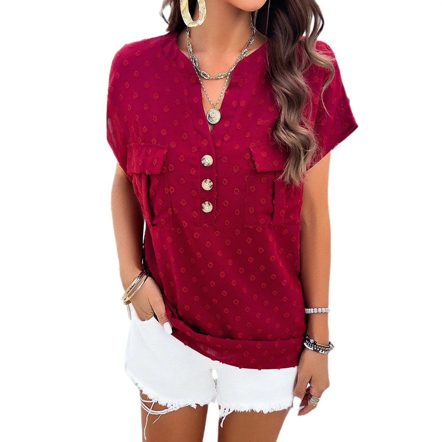 Women’s Solid Color Jacquard V-Neck Blouse