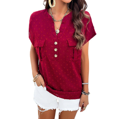 Women’s Solid Color Jacquard V-Neck Blouse