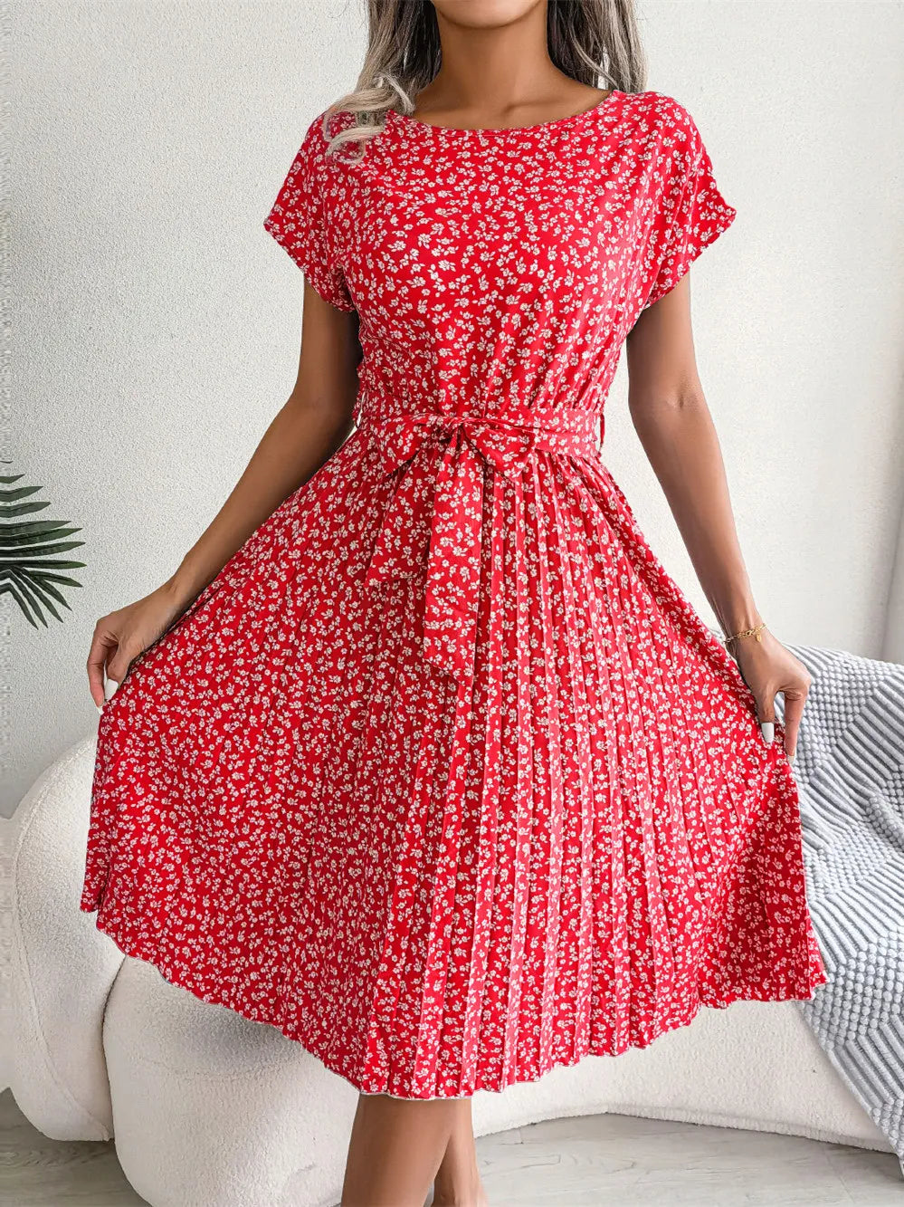 Floral Pleated A-Line Long Dress
