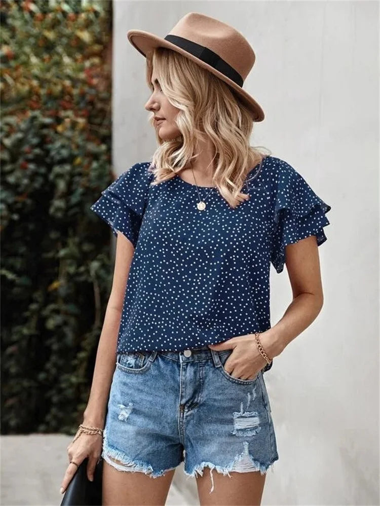 Women’s Digital Print Polka Dot Ruffle Sleeve T-Shirt
