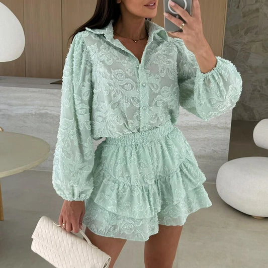 Long-Sleeve Lace Ruffle Button Shirt
