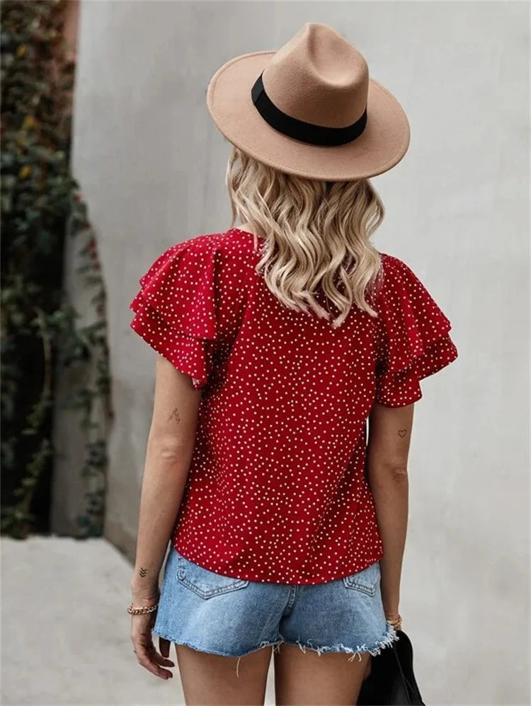 Women’s Digital Print Polka Dot Ruffle Sleeve T-Shirt
