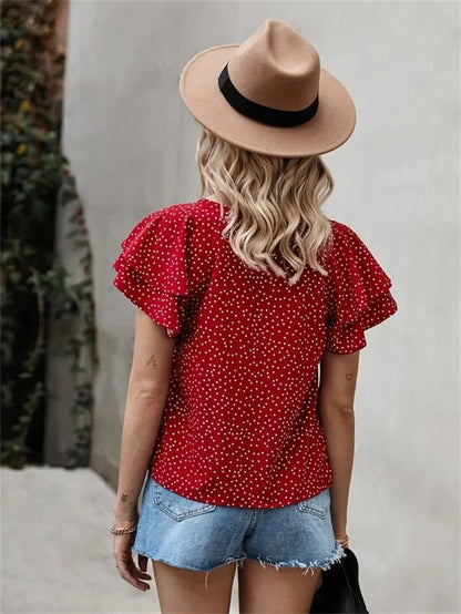 Women’s Digital Print Polka Dot Ruffle Sleeve T-Shirt