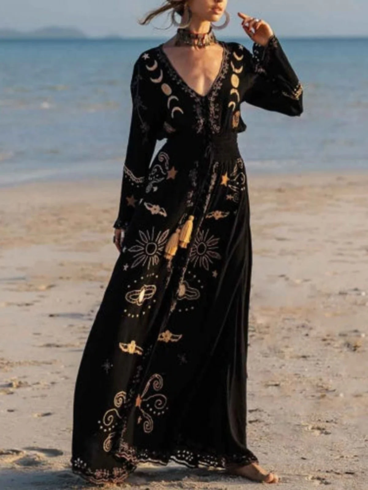 Floral Print V-Neck Tassel Maxi Dress