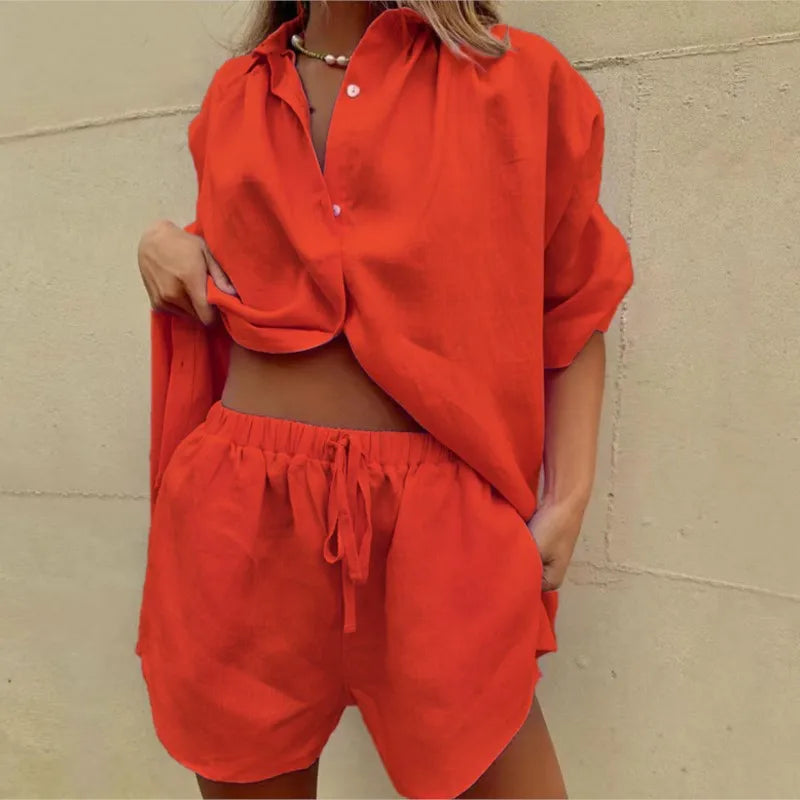 Women’s Short Sleeve Casual Cotton Two-Piece Set