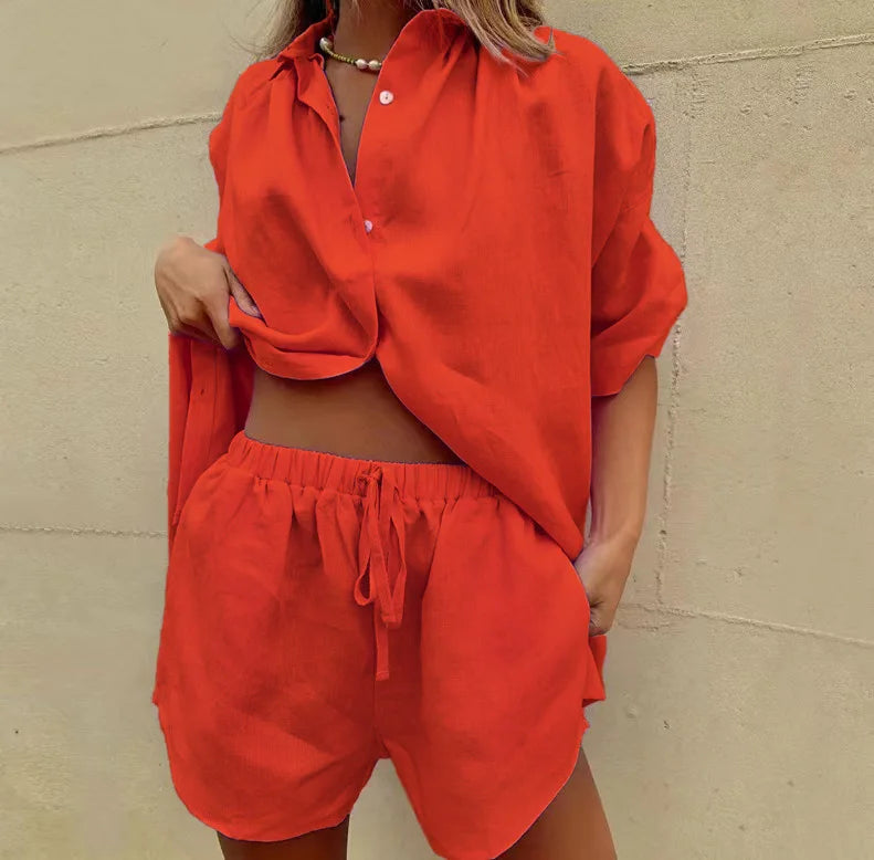 Women’s Short Sleeve Casual Cotton Two-Piece Set