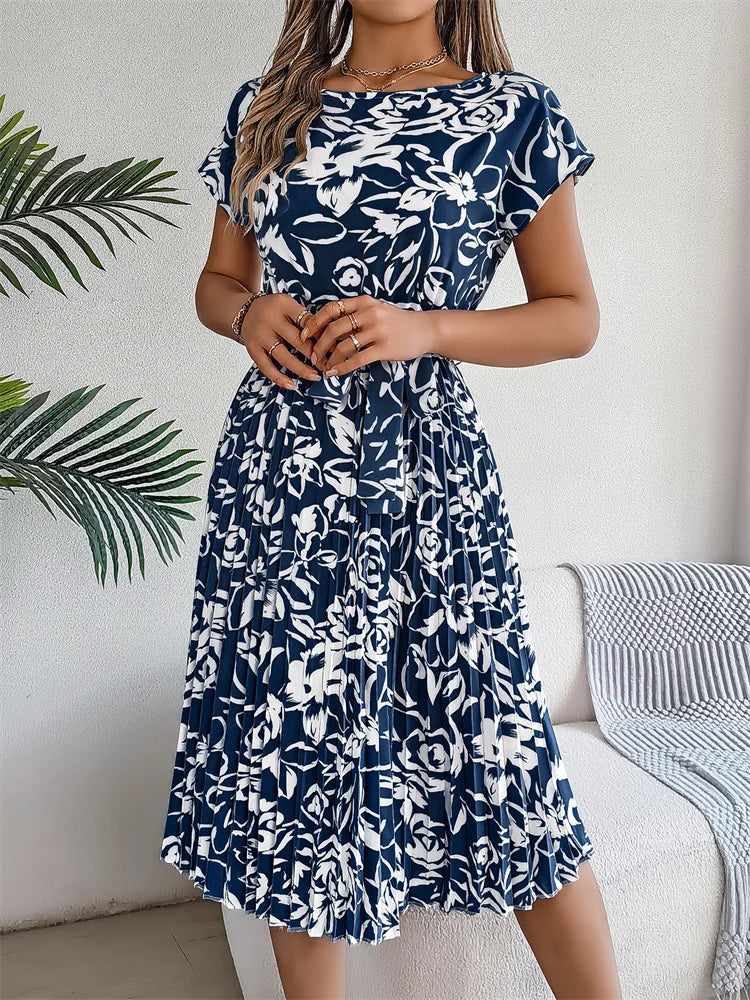 Floral Pleated A-Line Long Dress