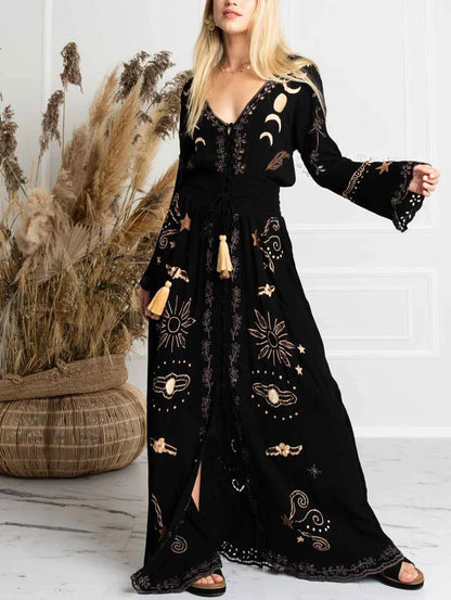 Floral Print V-Neck Tassel Maxi Dress