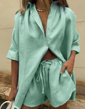 Women’s Short Sleeve Casual Cotton Two-Piece Set