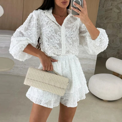 Long-Sleeve Lace Ruffle Button Shirt