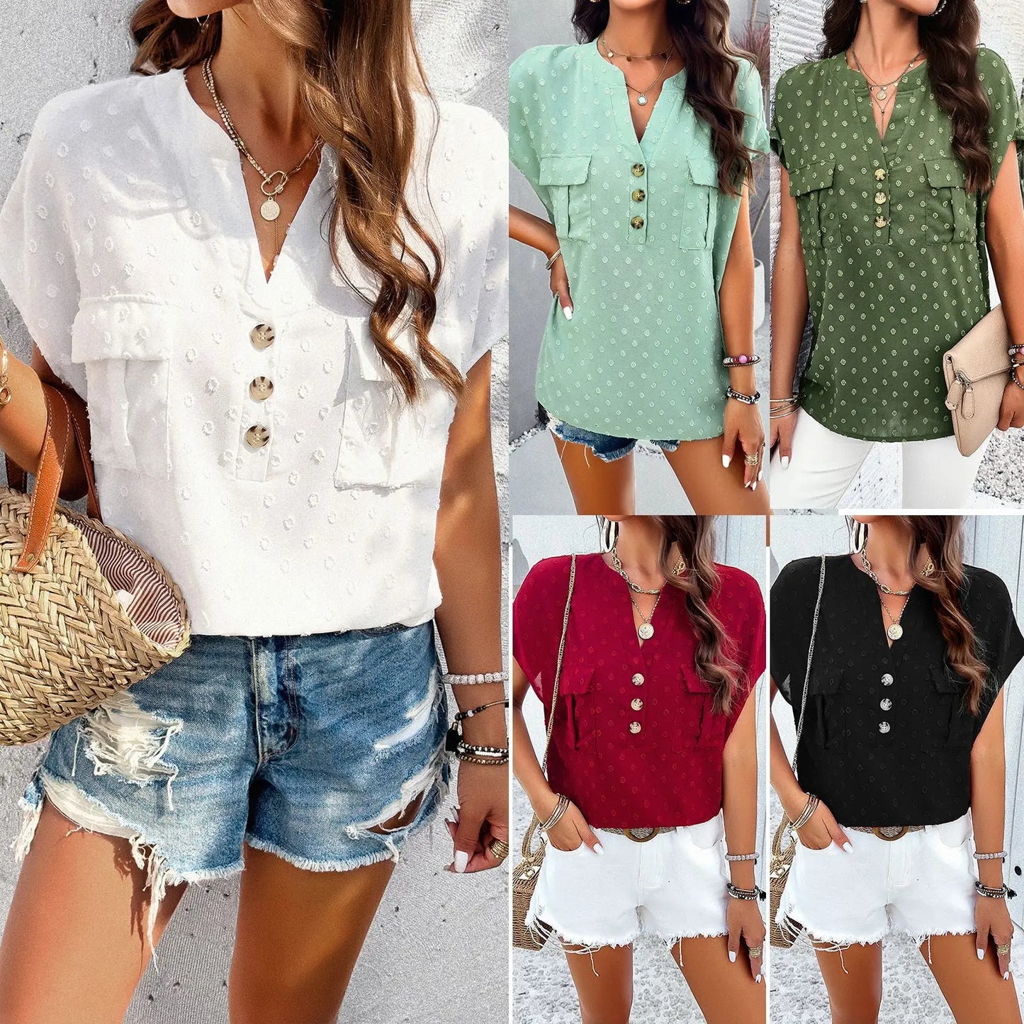 Women’s Solid Color Jacquard V-Neck Blouse