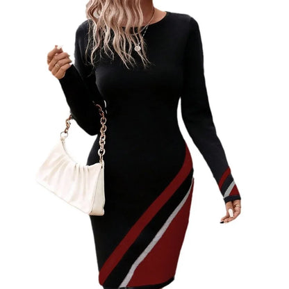Elegant Striped Print Long-Sleeve A-Line Dress